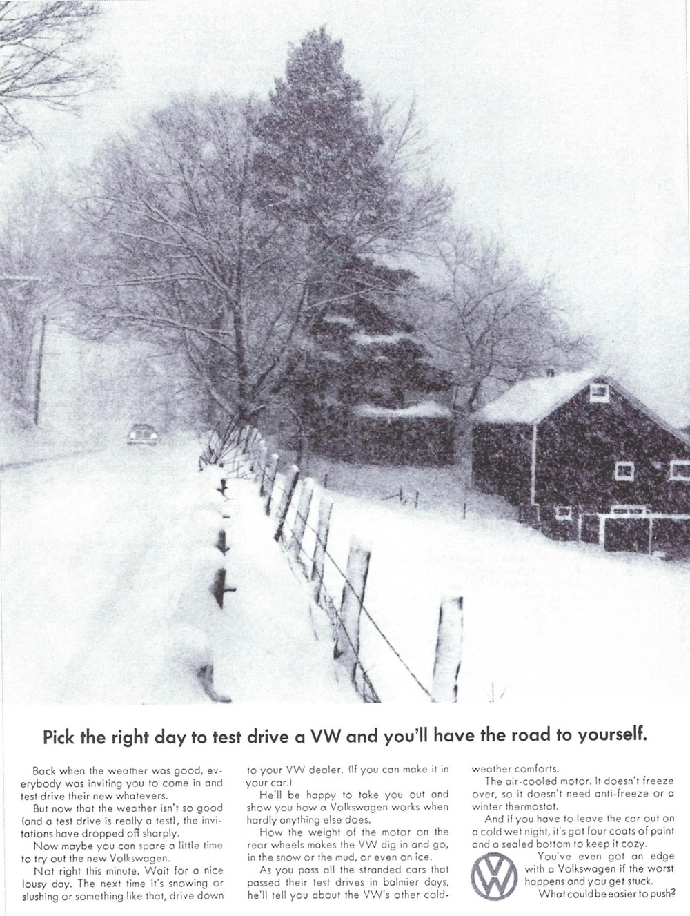 Pick the right day to test drive a VW and you'll have the road to yourself - Vintage VW ad