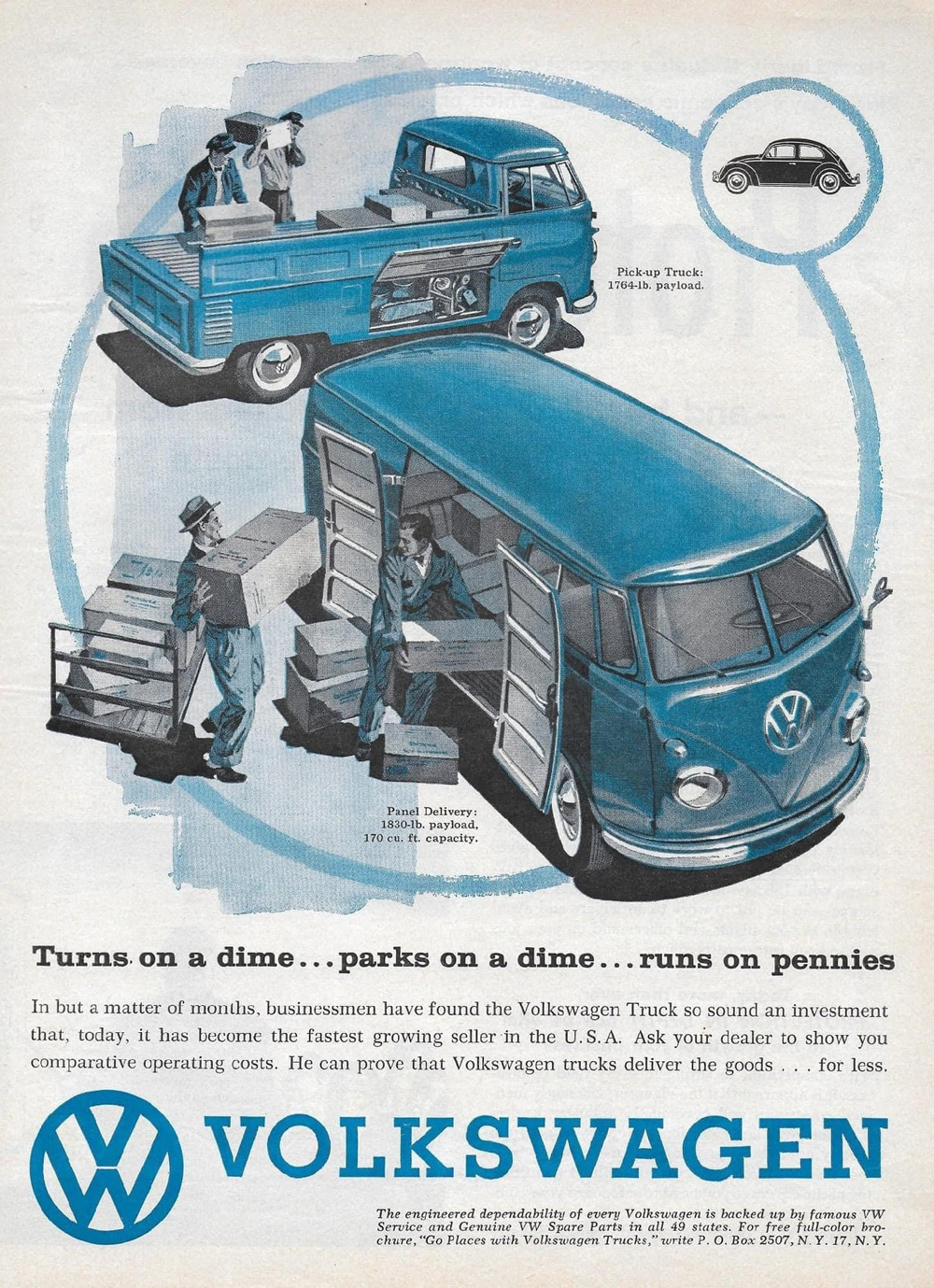 Turns on a dime, parks on a dime, runs on pennies - Vintage VW ad