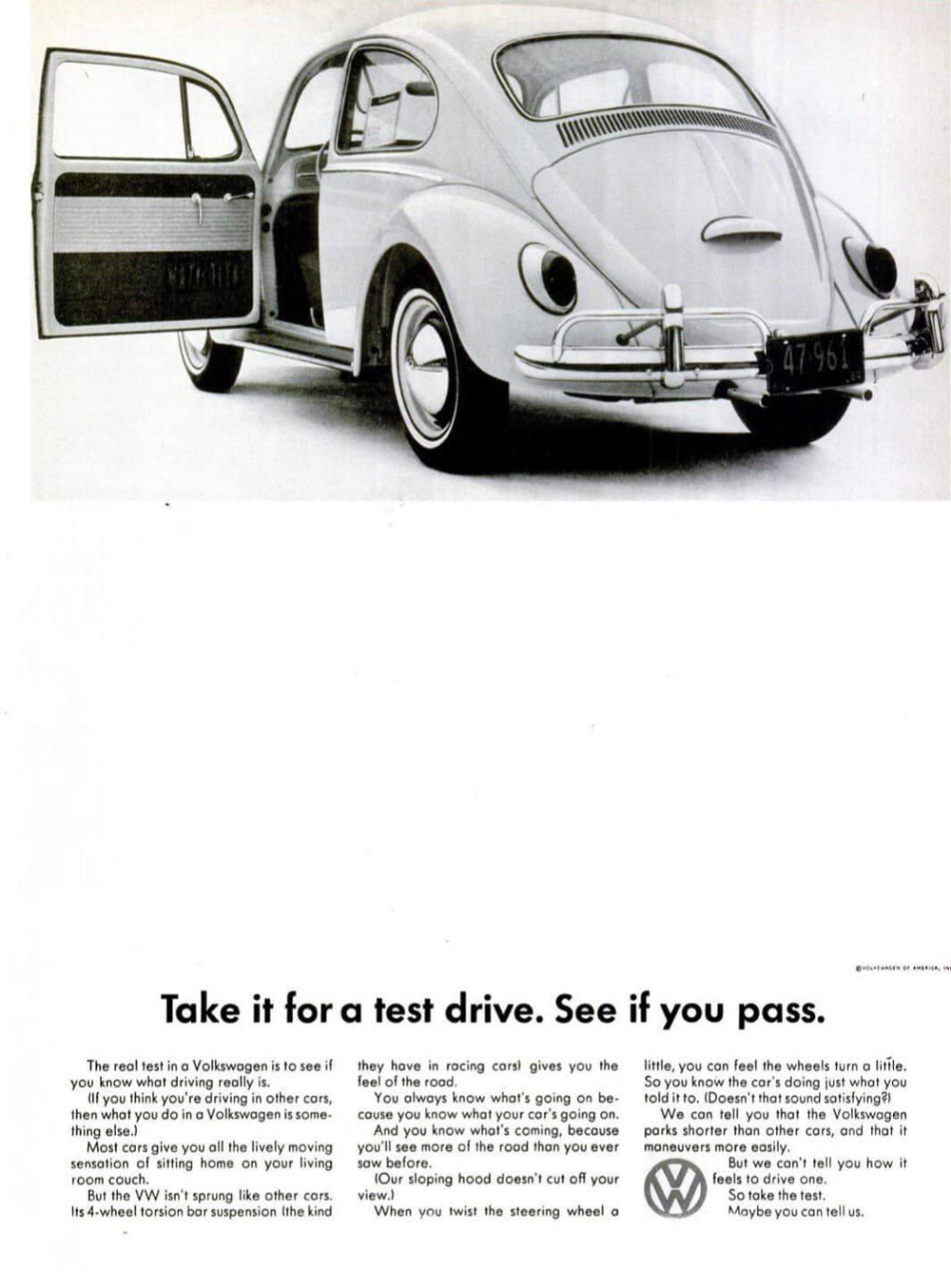 Take it for a test drive. See if you pass - Vintage VW ad