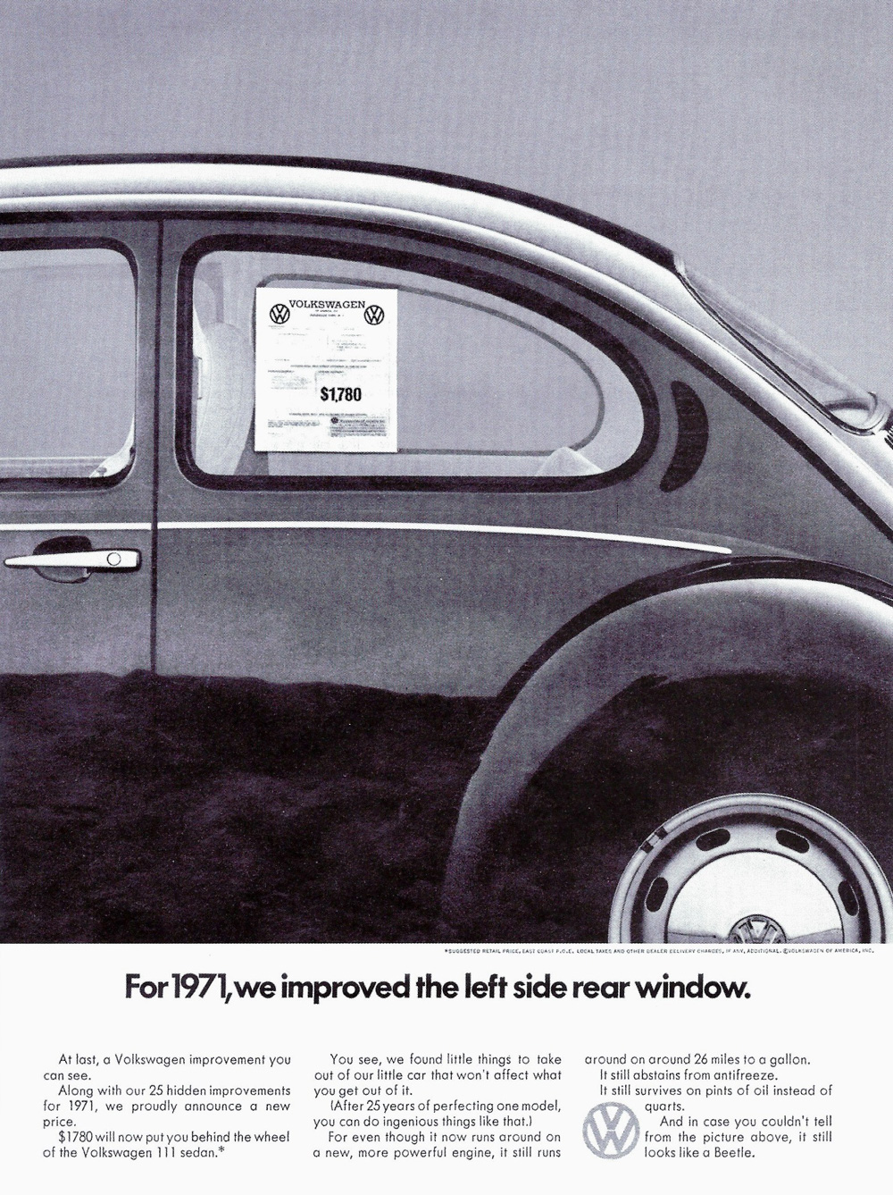 For 1971 we improved the left side rear window - Vintage VW ad
