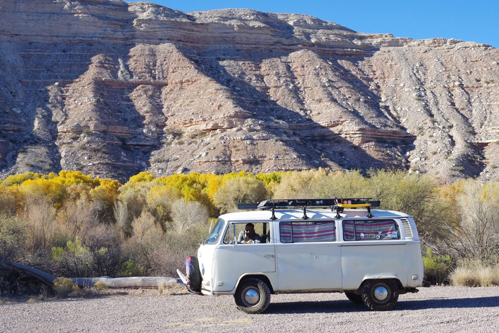 Volkswagen Bay Window Bus by a mountian
