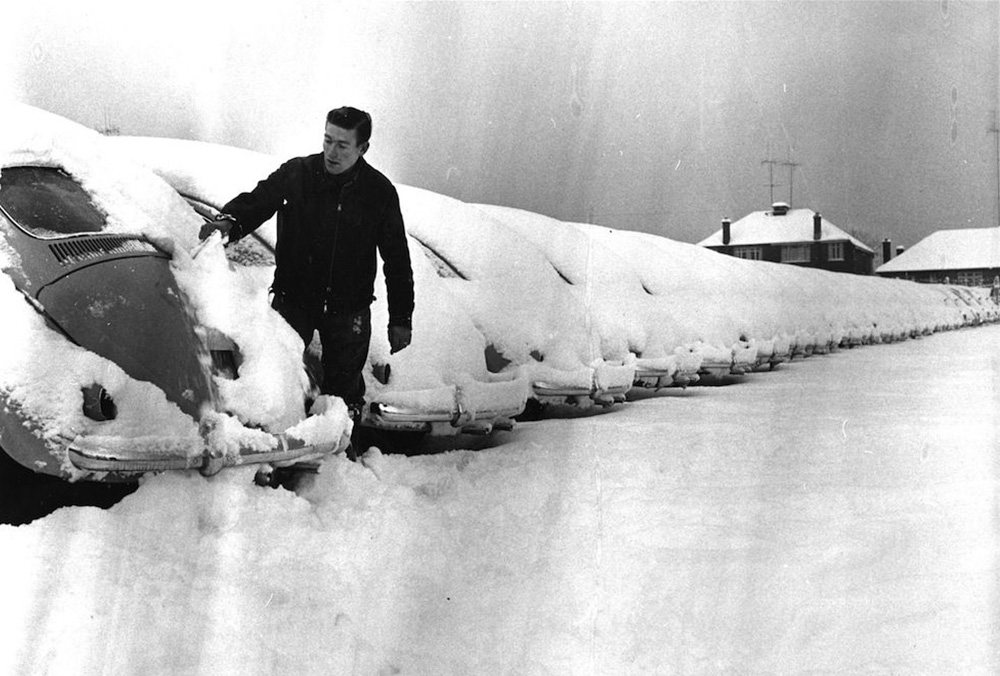 A line of new cars from the Factory covered in snow