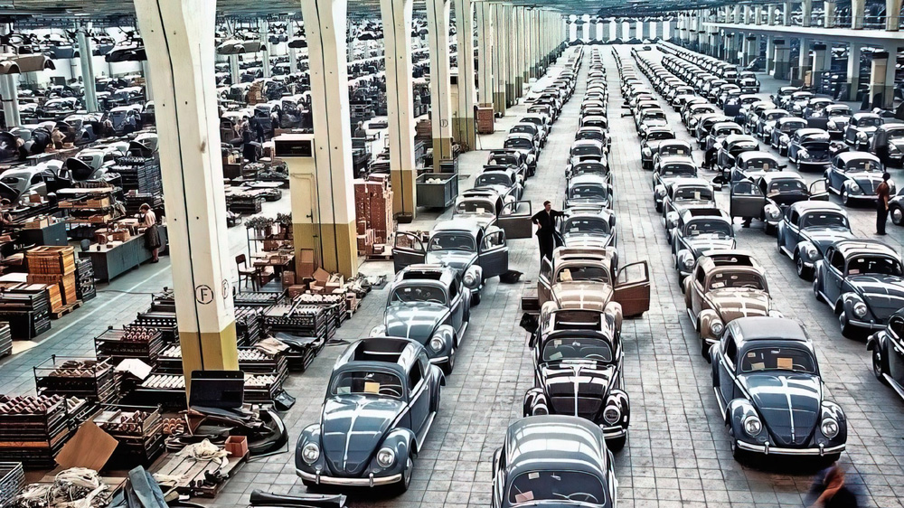 A sea of new and colourful Volkswagens pictured in final assembly Hall 12 at Volkswagenwerk Wolfsburg