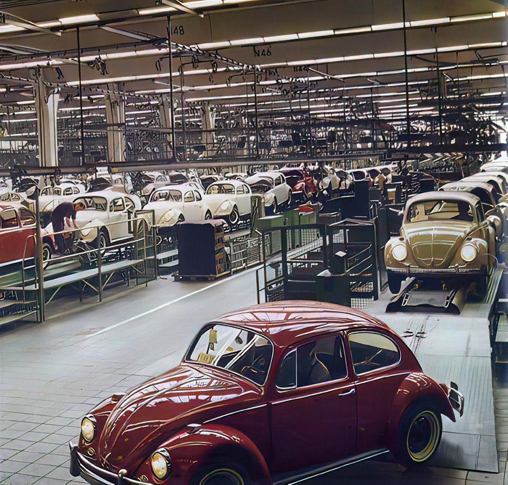 Completed cars at the end of the assembly lines at Volkswagenwerk Wolfsburg sometime during the 1967 model year