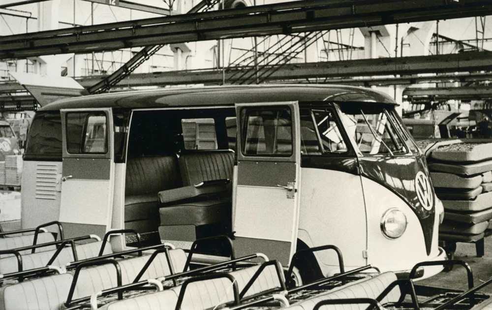 VW bus in two-color paint finish during installation of the interior