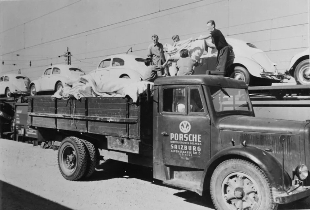 Another large import of new cars from Wolfsburg is pictured in the 1950s arriving at Porsche Salzburg, the official national importer for Volkswagen in Austria