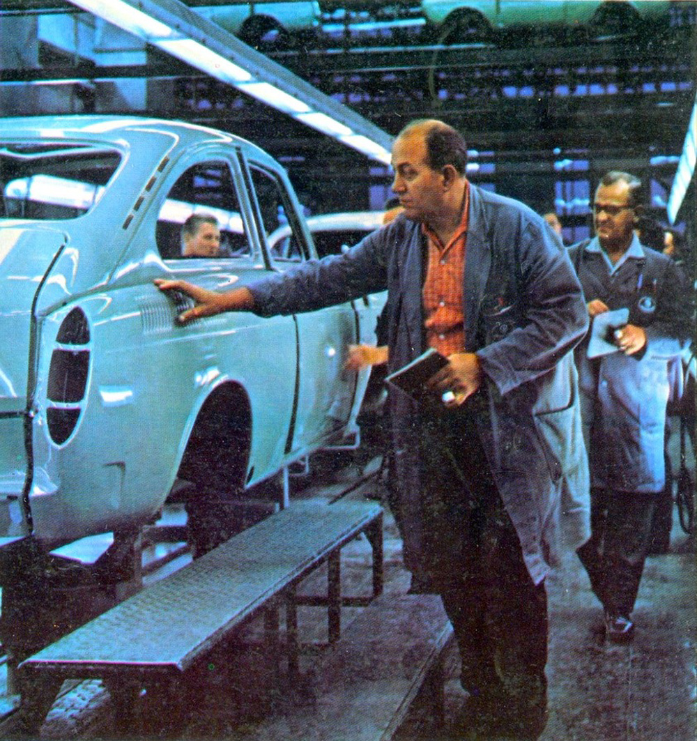 Volkswagen 
        Inspectors examine a Type 3 VW 1600 Fastback bodyshell